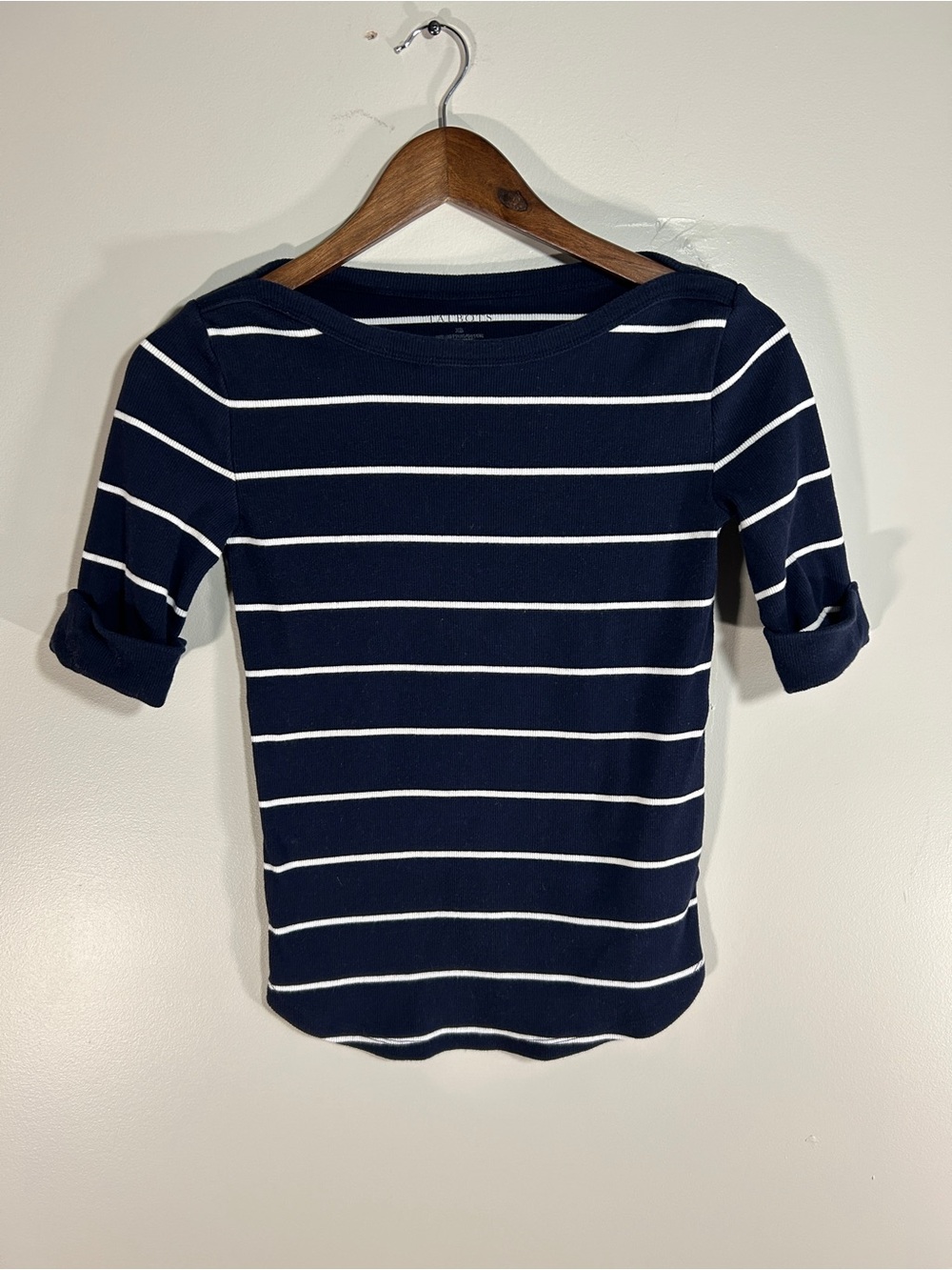 Talbots Navy and White Striped Boatneck Short Sleeve Top